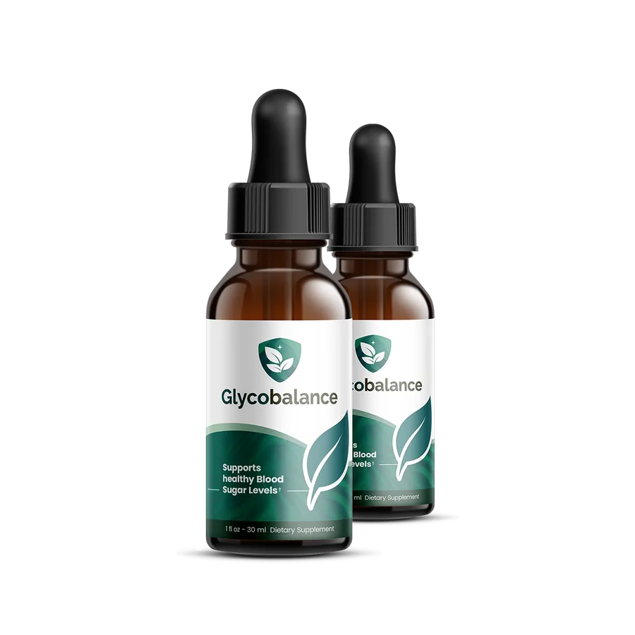 Two amber glass bottles of GlycoBalance liquid blood sugar support drops